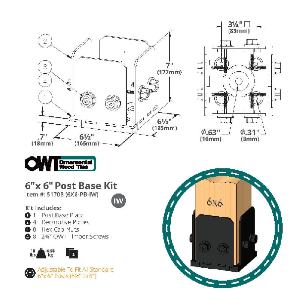 Ozco Ironwood 51708 Post Base Kit, 6 x 6 in Post