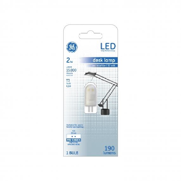 GE 29003 LED Desk Bulb, Specialty, T3 Lamp, 10 W Equivalent, G4 Lamp Base, Warm White Light, 3000 K Color Temp