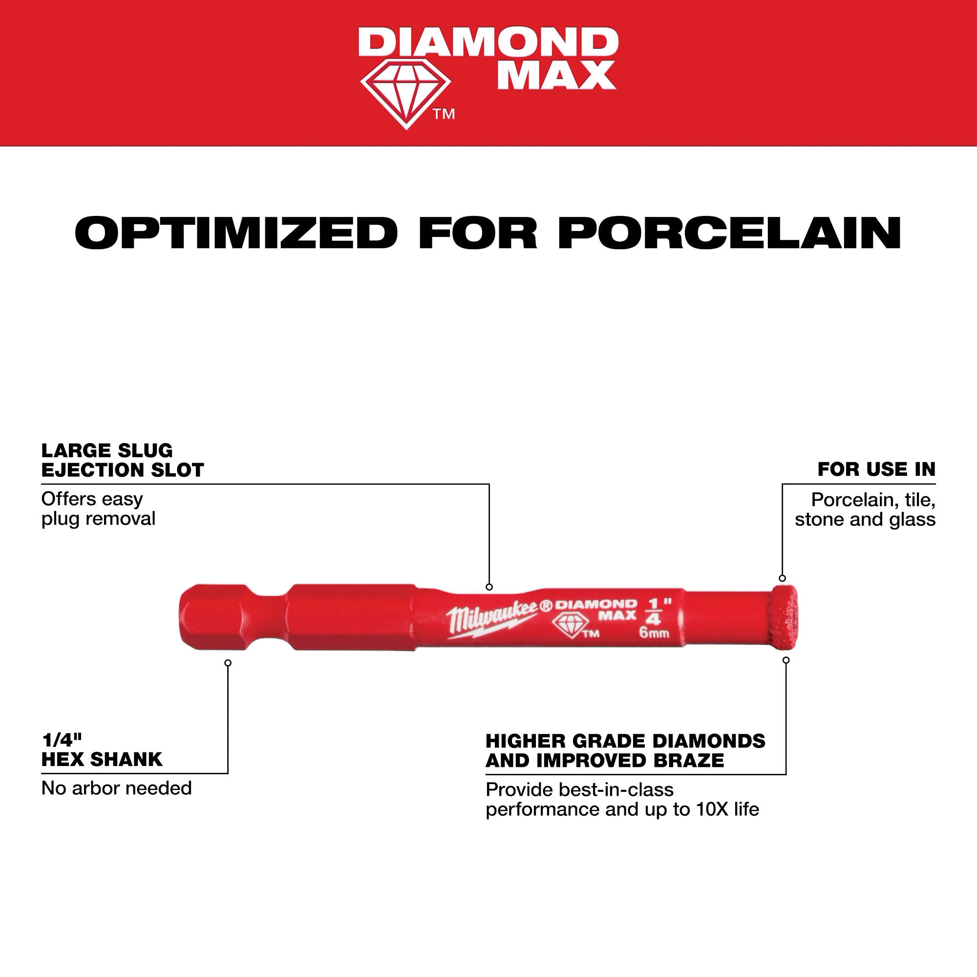 Milwaukee Diamond MAX 49-56-0503 Hole Saw Bit, 3/16 in Dia, 1 in D Cutting, 5/8-18 Arbor, Diamond Cutting Edge - 5