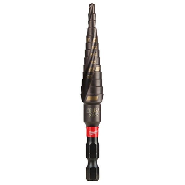SHOCKWAVE Impact Duty 48-89-9241 Step Drill Bit, 1/8 to 1/2 in Dia, Spiral Flute, 2-Flute, Hex Shank