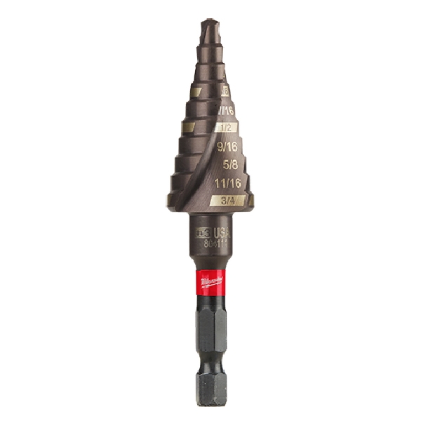 SHOCKWAVE Impact Duty 48-89-9243 Step Drill Bit, 3/16 to 3/4 in Dia, Spiral Flute, 2-Flute, Hex Shank