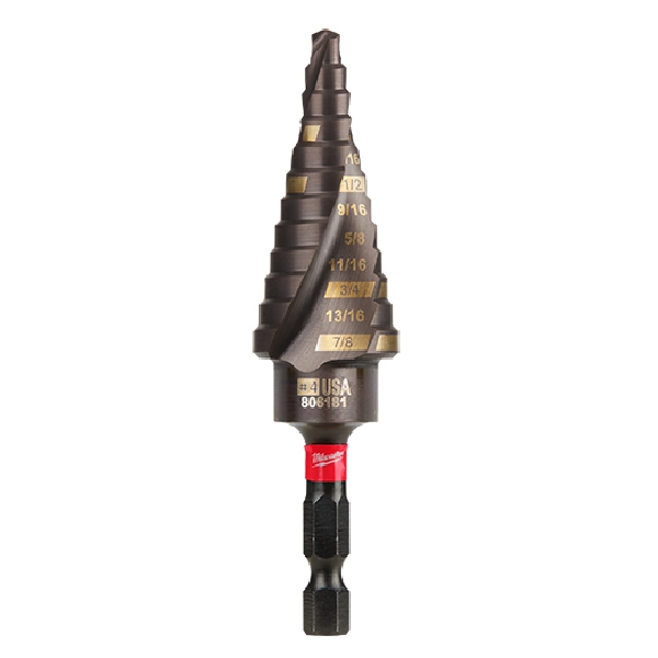 SHOCKWAVE Impact Duty 48-89-9244 Step Drill Bit, 3/16 to 7/8 in Dia, Spiral Flute, 2-Flute, Hex Shank