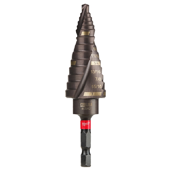 SHOCKWAVE Impact Duty 48-89-9248 Step Drill Bit, 1/8 to 1 in Dia, Spiral Flute, 2-Flute, 1/4 in Dia Shank