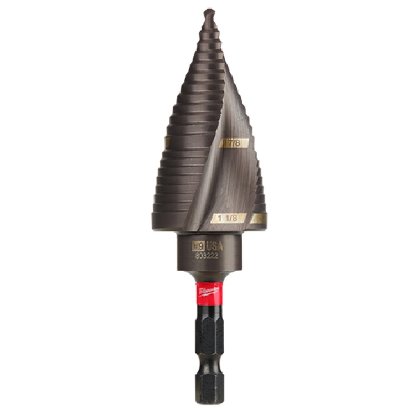 SHOCKWAVE Impact Duty 48-89-9249 Step Drill Bit, 7/8 to 1-1/8 in Dia, Spiral Flute, 2-Flute, Hex Shank