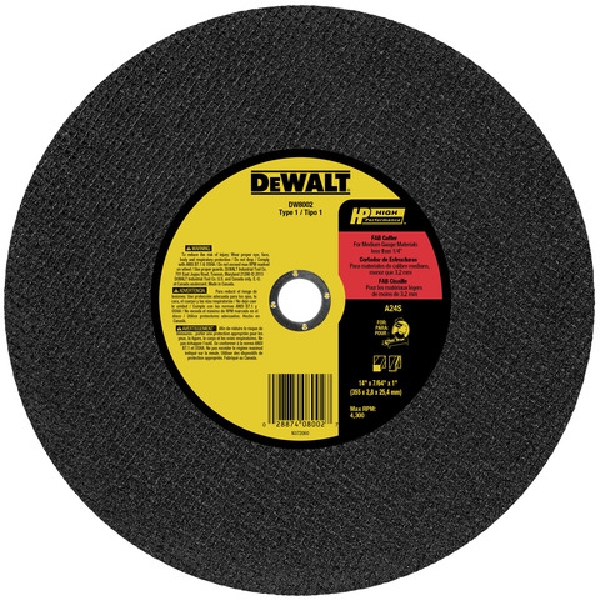 DEWALT HIGH PERFORMANCE Series DW8002 Chop Saw Wheel, 14 in Dia, 0.1094 in Thick, 1 in Arbor, 24 Grit