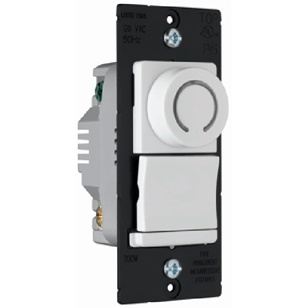 Pass & Seymour DR DR703PWV Decorator Rotary Dimmer, 120 V, Incandescent Lamp, 1 -Lamp, 3-Way, White