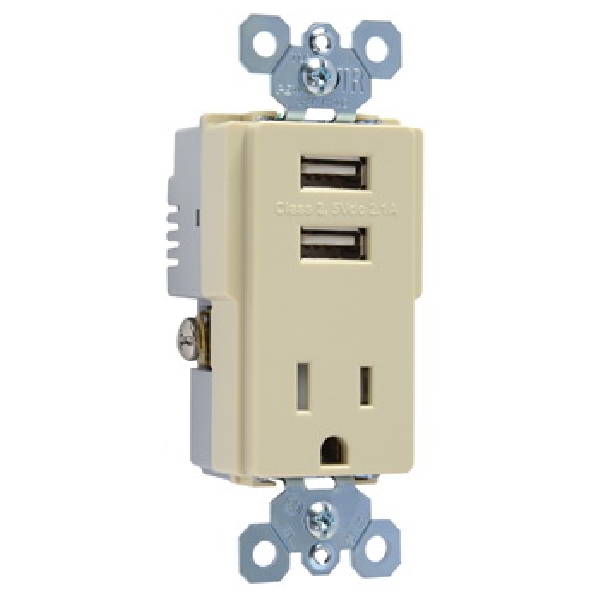 TM8USBICC6 USB Charger with Receptacle, 15 A, 125 V, 2 -USB Port, Ivory
