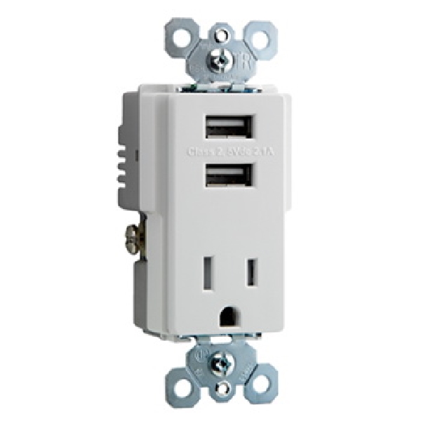 TM8USBWCCV6 USB Charger with Receptacle, 15 A, 125 V, 2 -USB Port, White