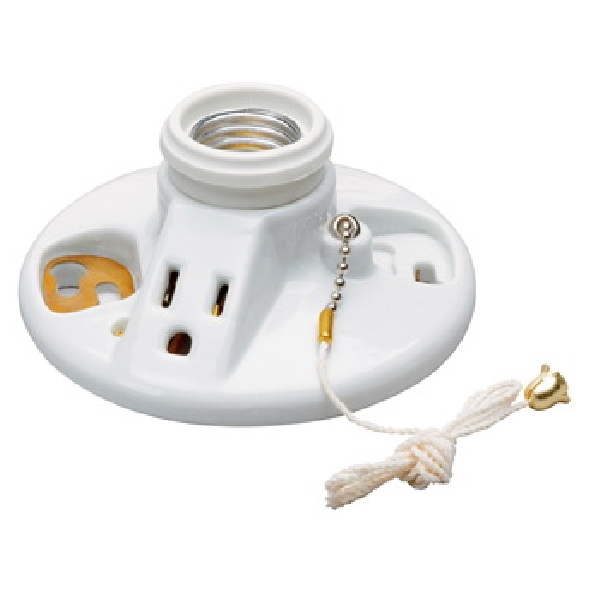 288 Pull Chain Lamp Holder, 125 V, 250 W, Porcelain Housing Material, White