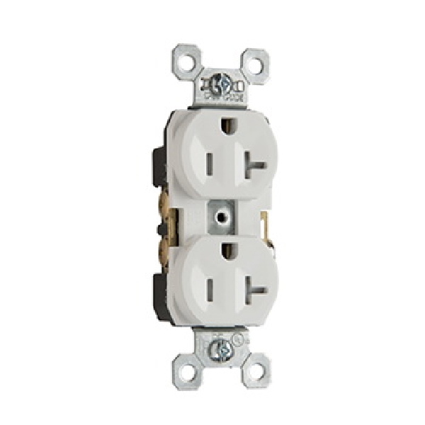 Pass & Seymour TR20WCC8 Duplex Receptacle, Nylon, White, 2-Pole, 20 A, 125 V, NEMA: 5-20R