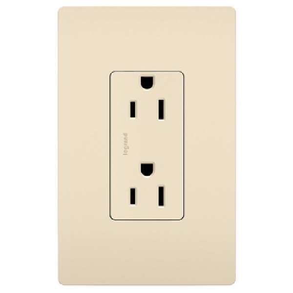 Pass & Seymour radiant Series 885LACC14 Duplex Receptacle, Thermoplastic, Light Almond, 2-Pole, 15 A, 3-Wire