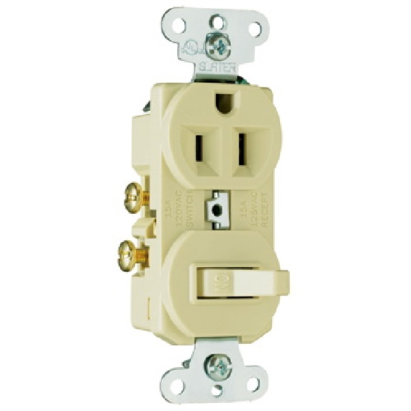 691ICC6 Combination Switch/Receptacle, 1 -Pole, 15 A, 120/125 V, NEMA: NEMA 5-15R, Ivory