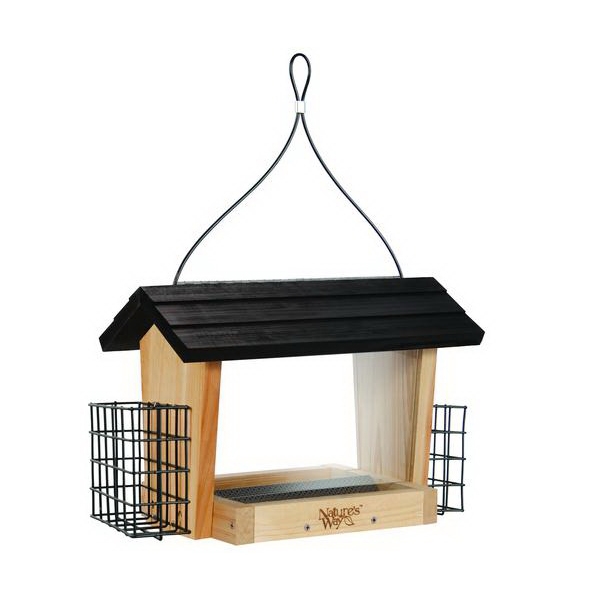 CWF19 Hopper Bird Feeder, 6 qt, Mixed Seeds, Suet Cake, Sunflower Seed, 1-Port/Perch, Cedar/Steel