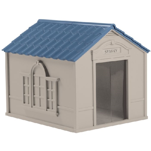 DH350 Dog House, 38-1/2 in OAL, 33 in OAW, 32 in OAH, Resin, Blue/Taupe