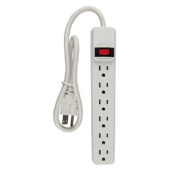 PS-669 Power Strip, 14/3 AWG Cable, 2-1/2 ft L Cable, 6 -Socket, 15 A, White