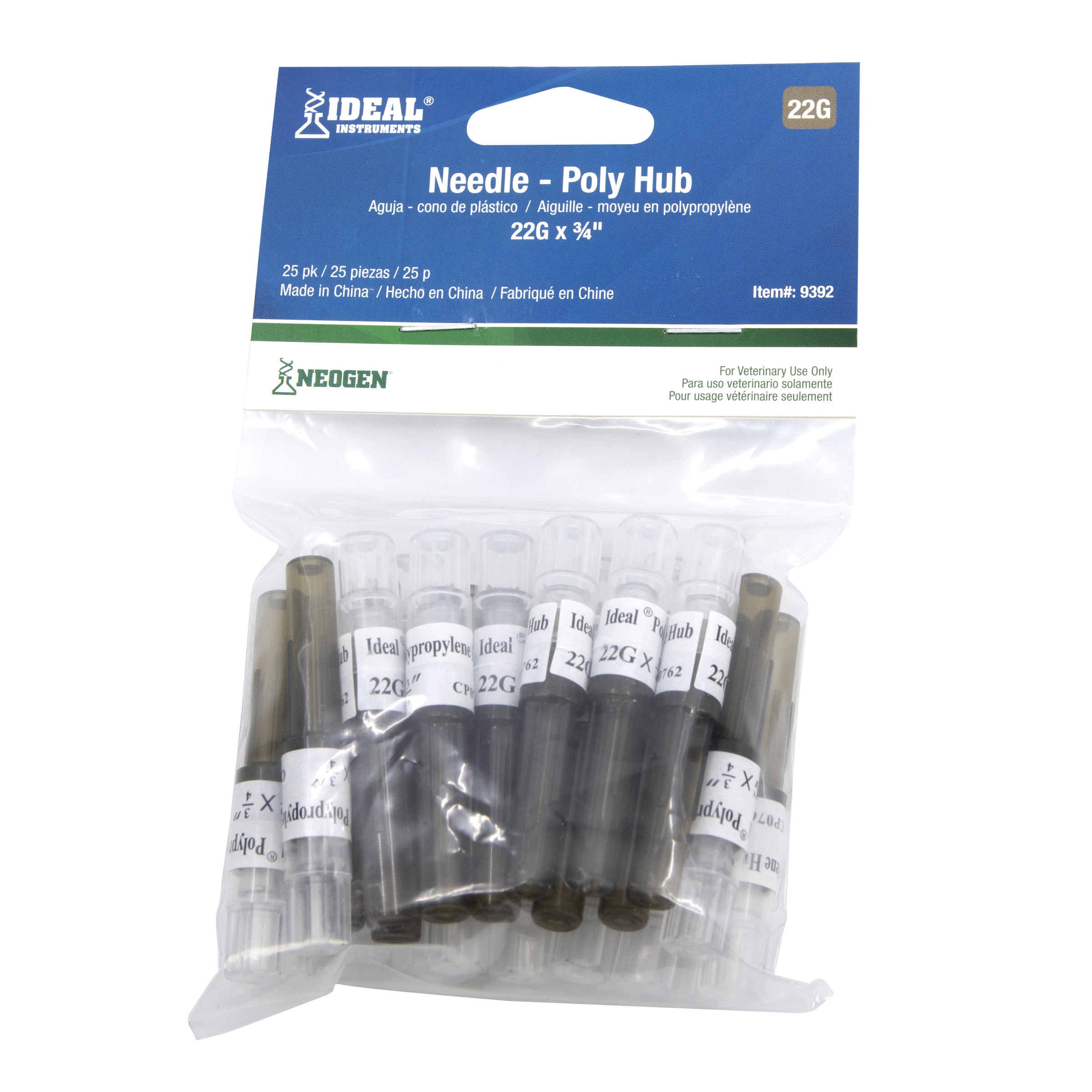 9392 Hub Needle, Polypropylene/Stainless Steel, 22 ga, 3/4 in L, 25/PK