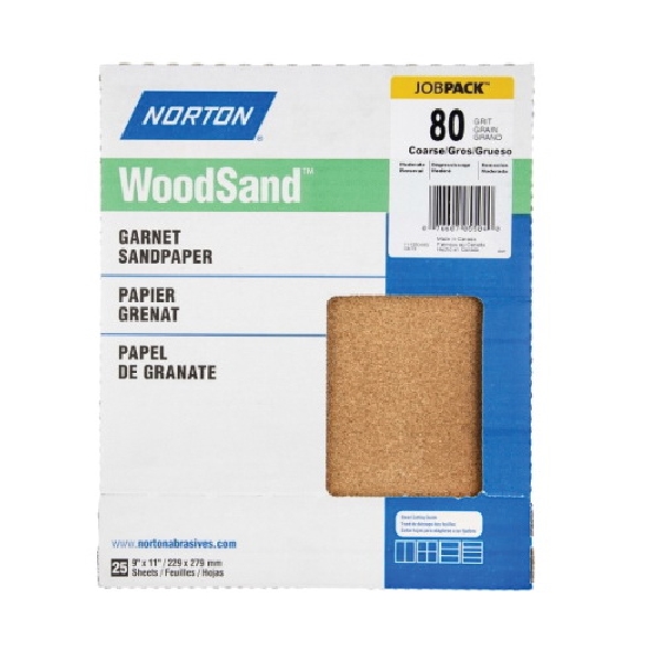 WoodSand 07660748010 Abrasive Sheet, 11 in L, 9 in W, Coarse, 60 Grit, Garnet Abrasive, Paper Backing