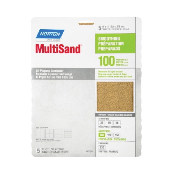 MultiSand 07660747735 Abrasive Sheet, 11 in L, 9 in W, Medium, P100 Grit, Aluminum Oxide Abrasive, Paper Backing