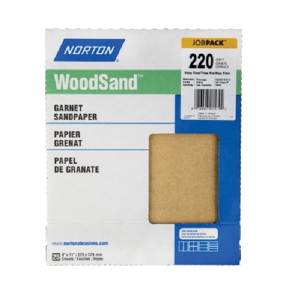 WoodSand 07660747965 Abrasive Sheet, 11 in L, 9 in W, Very Fine, 220 Grit, Garnet Abrasive, Paper Backing, 5 pk