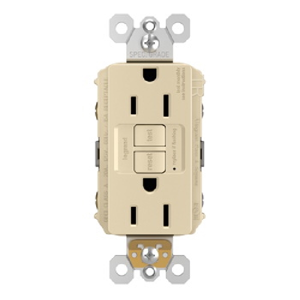 Radiant GFCI Receptacle, Pass & Seymour, 125 VAC, 15 A, NEMA: NEMA 5-15R, Back and Side Wiring, Ivory, 3pk - 2