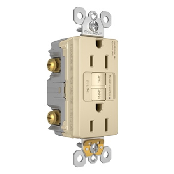 Radiant GFCI Receptacle, Pass & Seymour, 125 VAC, 15 A, NEMA: NEMA 5-15R, Back and Side Wiring, Ivory, 3pk - 3