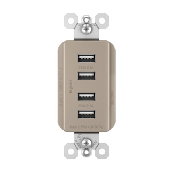 Radiant USB Outlet, Legrand, 4.2 A, 125 V, 4 -USB Port, Type A USB, Nickel - 2