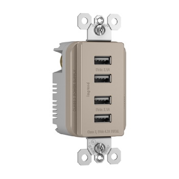 Radiant USB Outlet, Legrand, 4.2 A, 125 V, 4 -USB Port, Type A USB, Nickel - 3