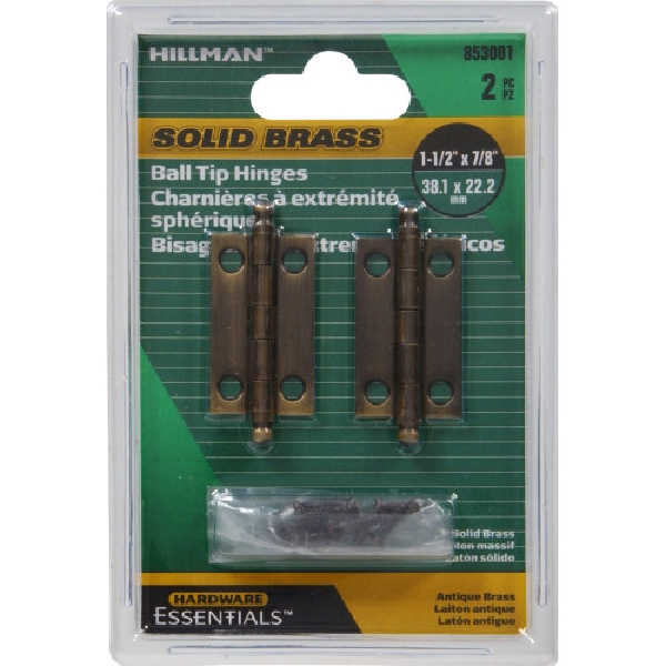 Hardware Essentials 853001 Series Ball Tipped Hinge, 1-1/2 x 7/8 in Dimensions, Antique Brass