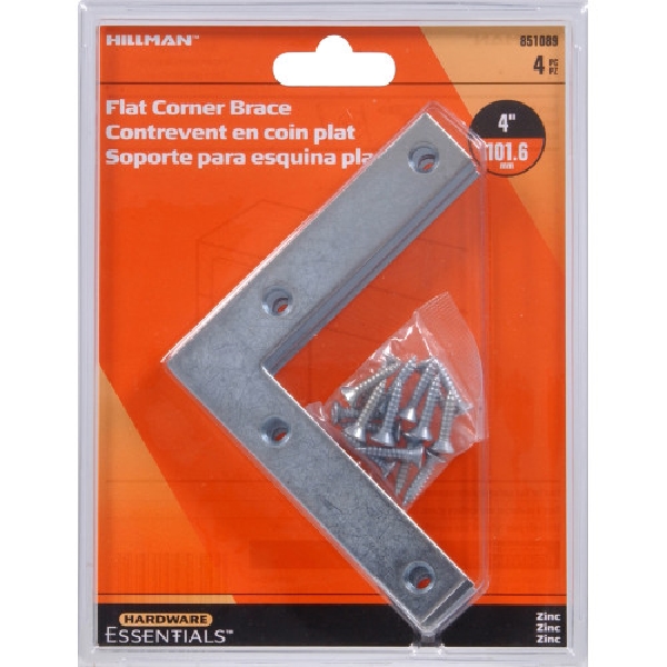 Hardware Essentials 851089 Flat Corner Brace, 4 in L, Iron, Zinc, 3/4 in Thick Material - 2