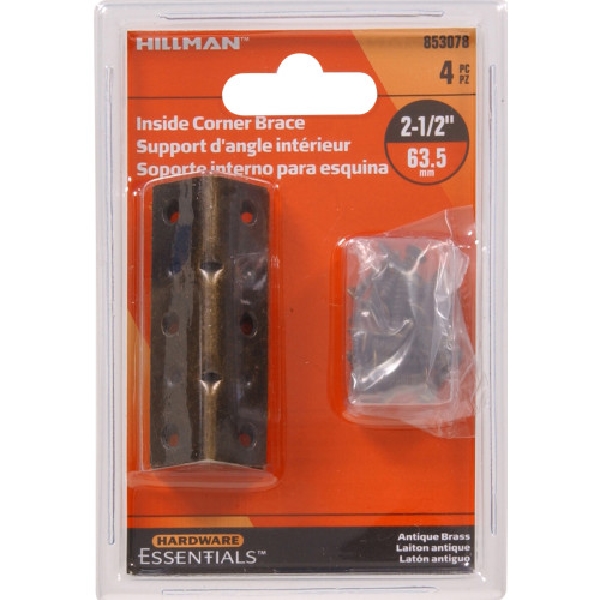 Inside Corner Brace, Hardware Essentials, 2-1/2 in L, 3/4 in W, Steel, Antique Brass - 3