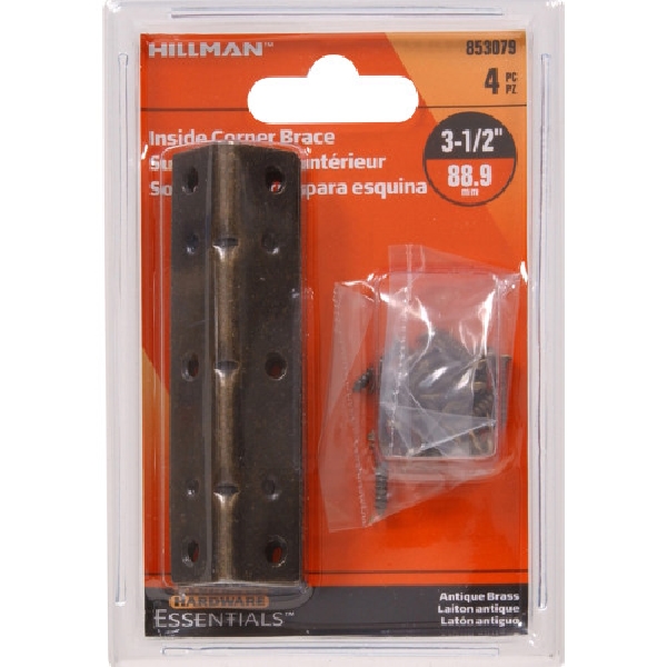 Hardware Essentials 853079 Inside Corner Brace, 3-1/2 in L, 3/4 in W, Steel, Antique Brass