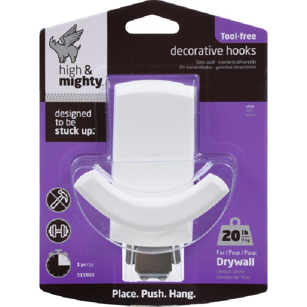 Decorative Double-Hook, High & Mighty, Plastic Rectangle, Whit,e 20 lb, 1 PC - 4