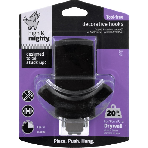 Decorative Double-Hook, High & Mighty, Plastic Rectangle, Black, 20 lb, 1 PC - 3