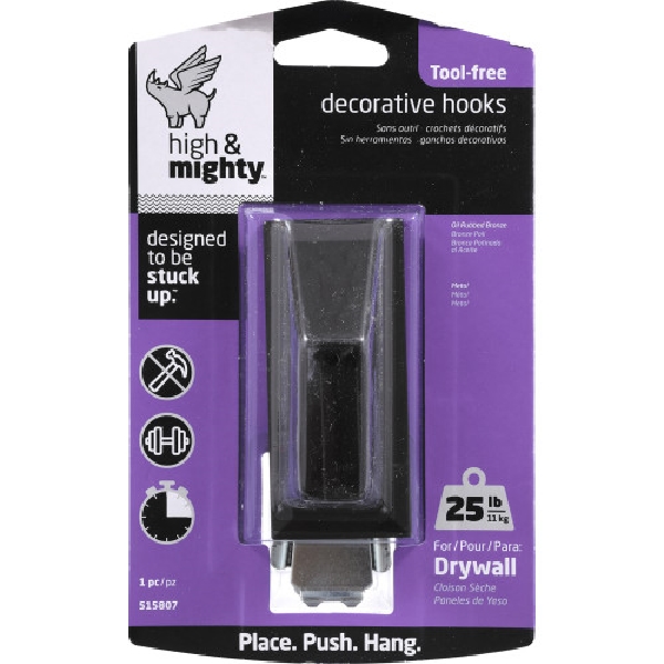 High & Mighty 515807 Decorative Hook, Rectangle, 4-1/2 in W, Metal, Bronze, 25 lb