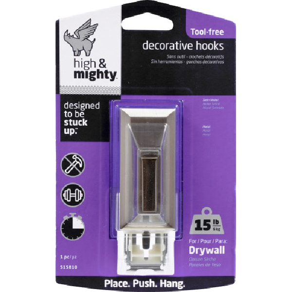 Decorative Hook, High & Mighty, Rectangle, Satin Nickel, 15lb, 1 pk - 3