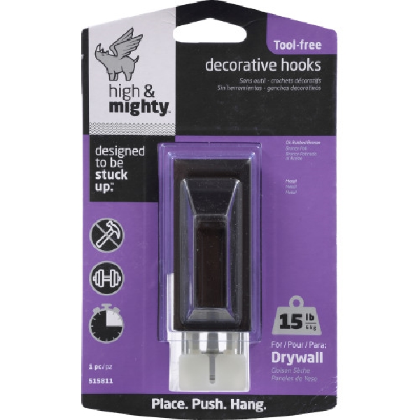 Decorative Hook, High & Mighty, Rectangle, Bronze, 15lb, 1 pk - 3