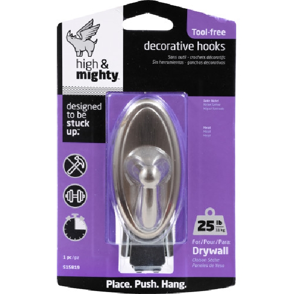 Decorative Hook, High & Mighty, Oval, Satin Nickel, 25lb, 1 pk - 3