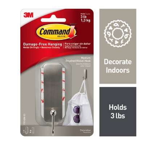Command 17034BN-ES Medium Decorative Hook, 1 in W, Metal/Plastic, Brushed Nickel, 3 lb - 1