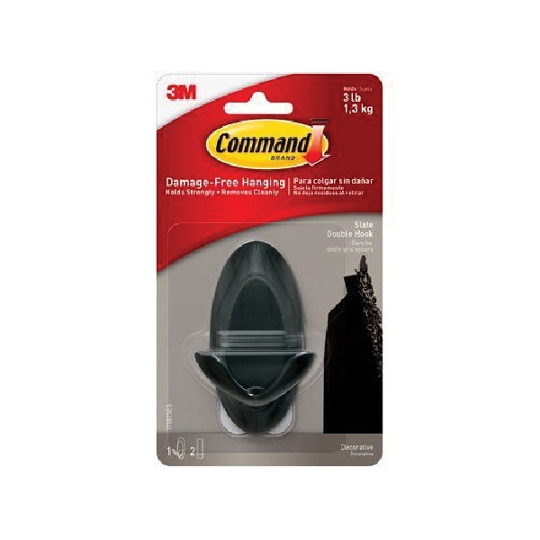 Command 17087SES Double Hook, 3 lb, 1-Hook, Plastic, Slate