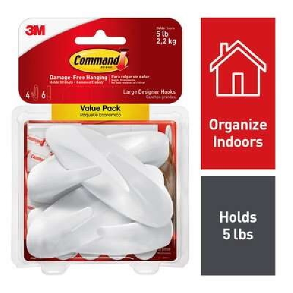 Command 17083-4ES Large Designer Hook, 5 lb, 4-Hook, Plastic, White