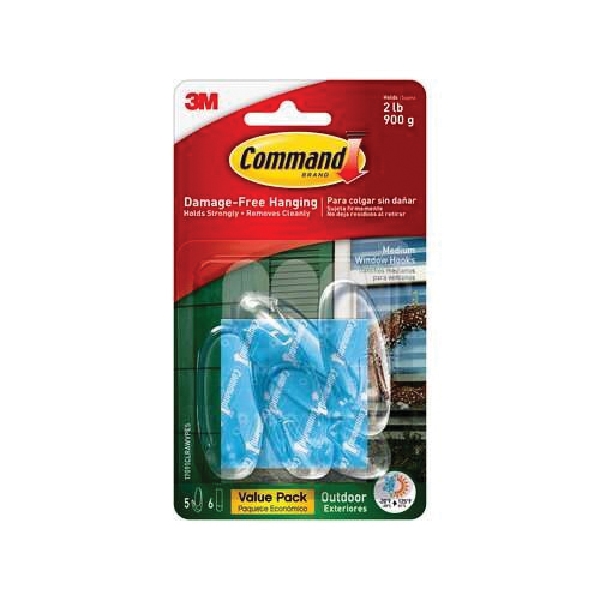 Command 17091CLRAWVPES Medium Window Hook, 2 lb, 5-Hook, Plastic, Clear