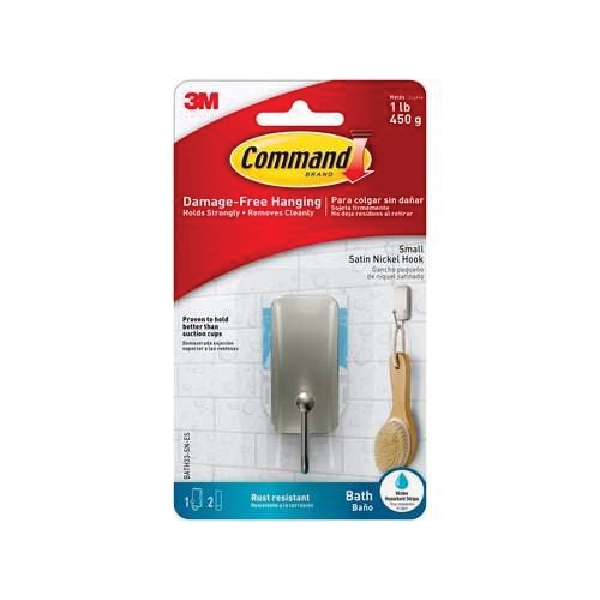 Command BATH33-SN-ES Small Bath Hook, 1 lb, 1-Hook, Metal/Plastic, Gray, Satin Nickel