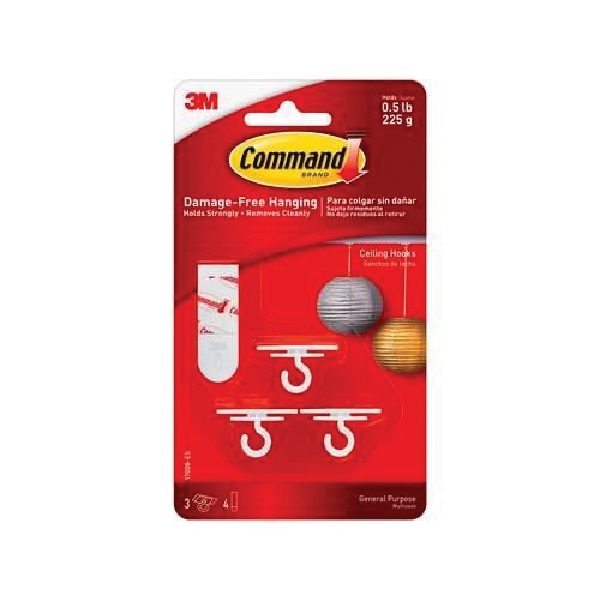 Command 17008-ES Small Ceiling Hook, 0.5 lb, 3-Hook, Plastic, White