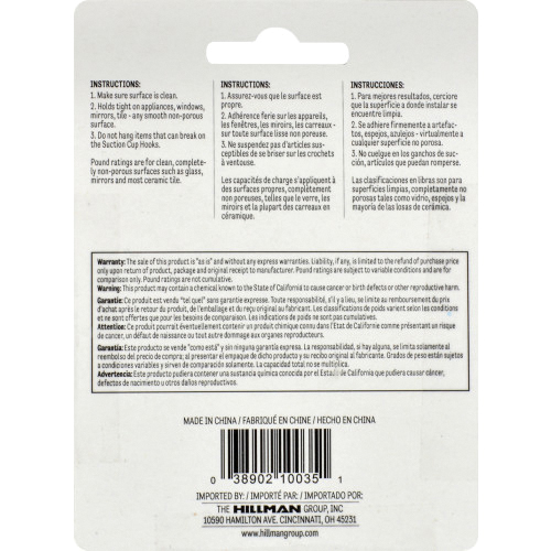 Hillman 121027 Suction Cup Hook, Plastic Base, 1 lb Working Load