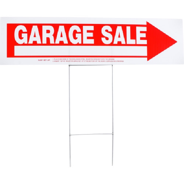 Sign, Hillman, W/Holder Red On White Corrugated Plastic, 6 in x 24 in, Arrow Garage Sale, 1 pk - 2