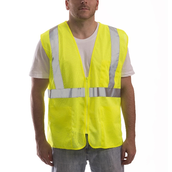 Job Sight V70632.S-M Safety Vest, S/M, Fits to Chest Size: 50 in, Polyester, Fluorescent Yellow/Green, Zipper Closure