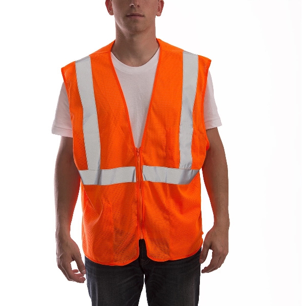 Job Sight V70639.S-M Safety Vest, S/M, Fits to Chest Size: 50 in, Polyester, Fluorescent Orange/Red, Zipper Closure