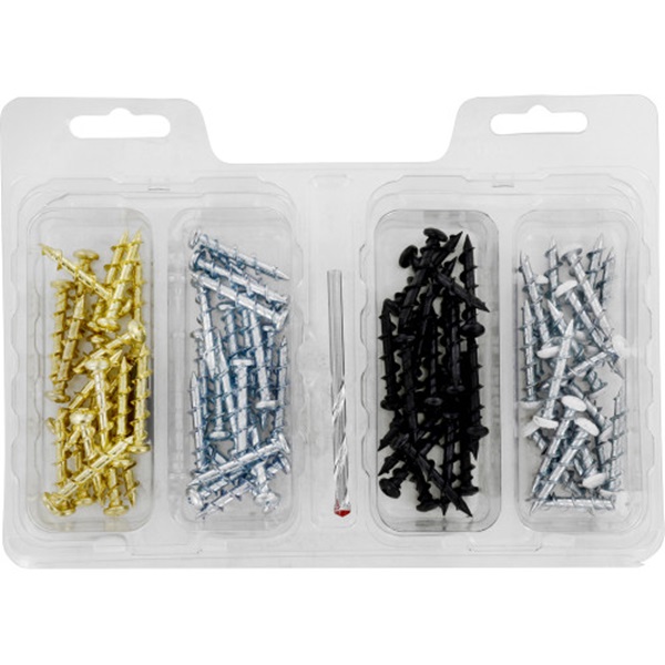 Hillman 42072 Screw and Anchor Decorator Kit, Steel, Brass/Chrome, 175 lb Concrete, 50 lb Drywall, 95 lb Brick
