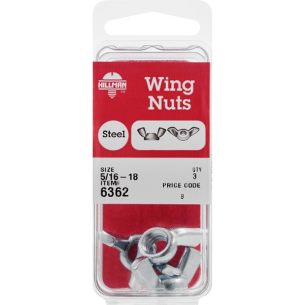 Wing Nut, Hillman, Zinc-Plated, 5/16 in x 18, 3 pk - 2