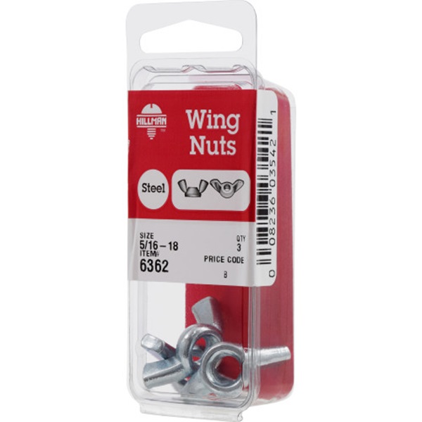 Wing Nut, Hillman, Zinc-Plated, 5/16 in x 18, 3 pk - 4